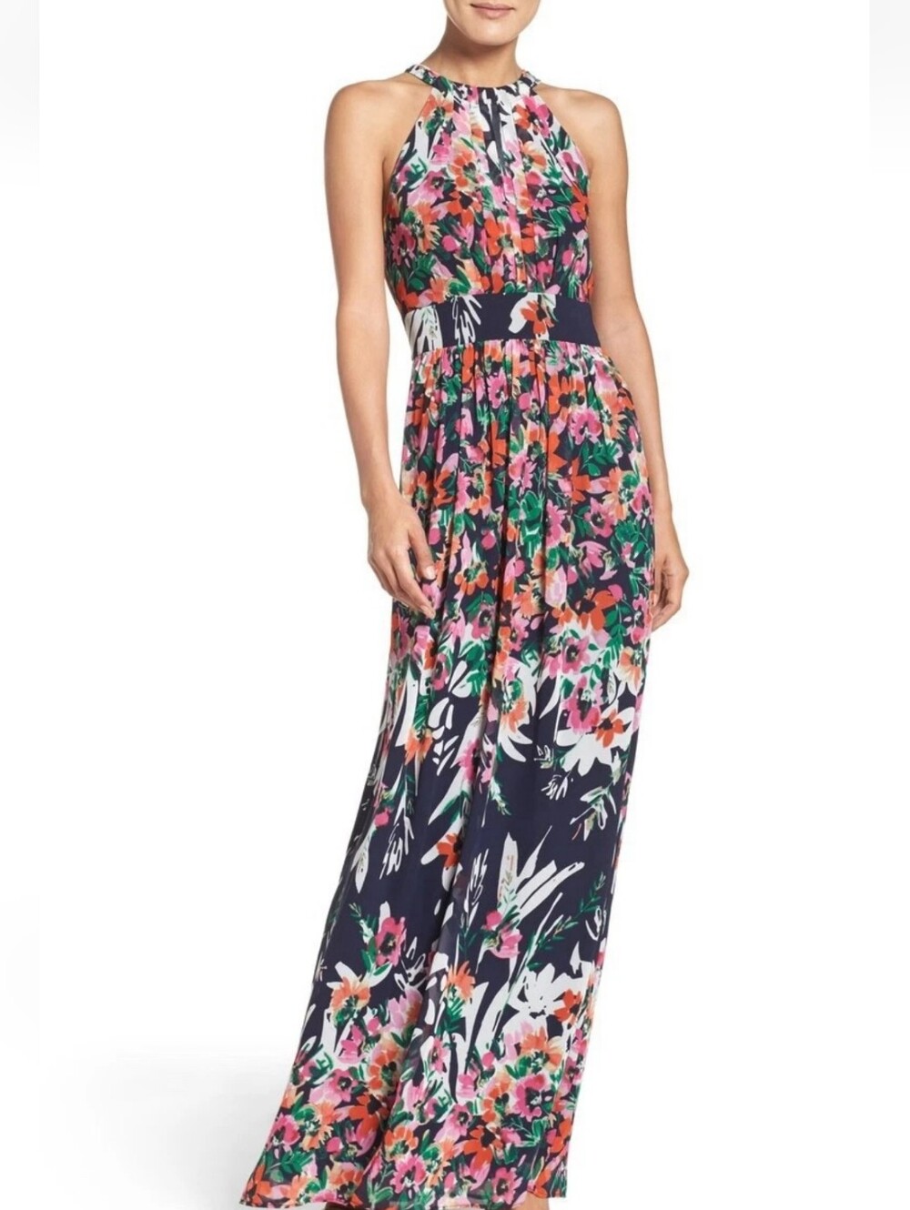 ELIZA J FLORAL HALTER CHIFFON GOWN Maxi Dress Navy Pink Wedding Feminine